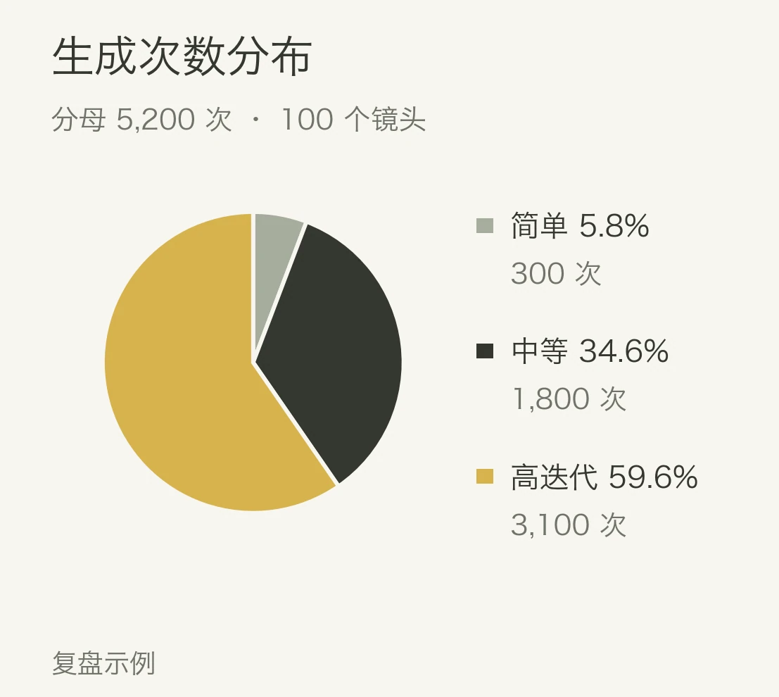 复盘示例：三组镜头消耗的生成次数饼图，分母为5200次生成。