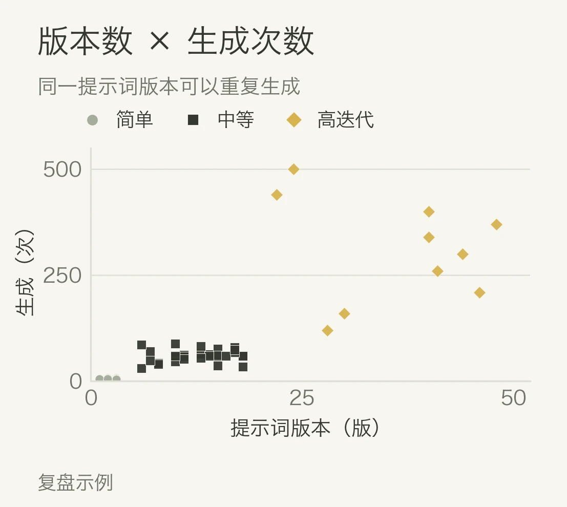复盘示例：提示词版本数与生成次数的关系。
