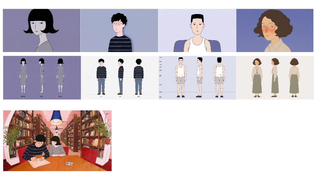 《梦中之梦》四个人物的面部、正侧背设计及书店场景画面。