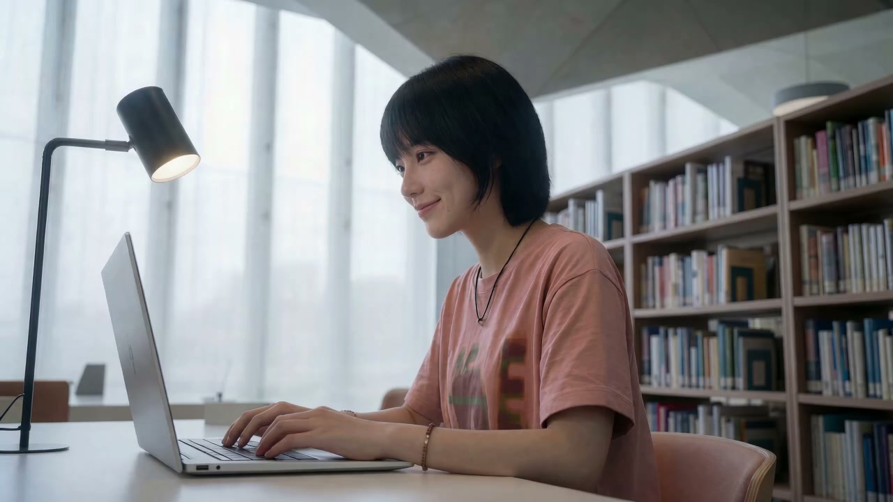 短发人物坐在图书馆窗边使用笔记本电脑，背后是书架；备用转场开始时的真实视频帧。