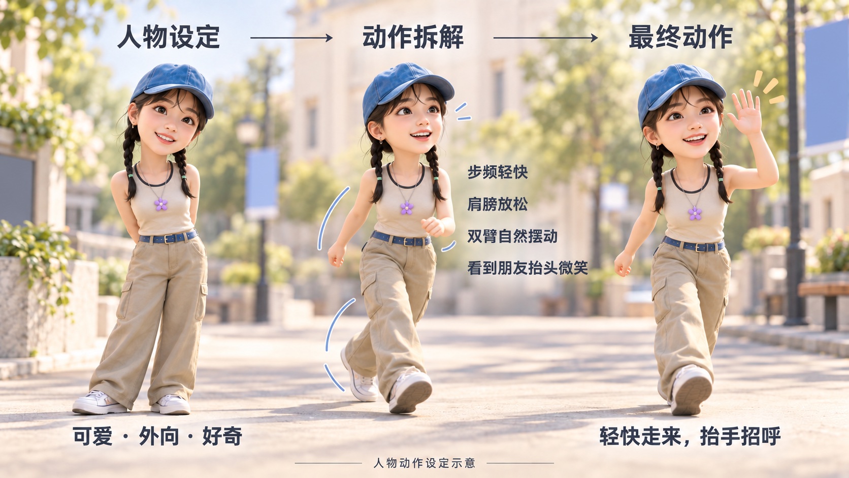 立体 Q 版人物动作设定示意：蓝色棒球帽、黑色双辫女生在街道上，从外向好奇的性格出发，拆解轻快步频、放松肩膀和自然摆臂，最后呈现向朋友抬手招呼的行走动作；分析文字直接标在图中。
