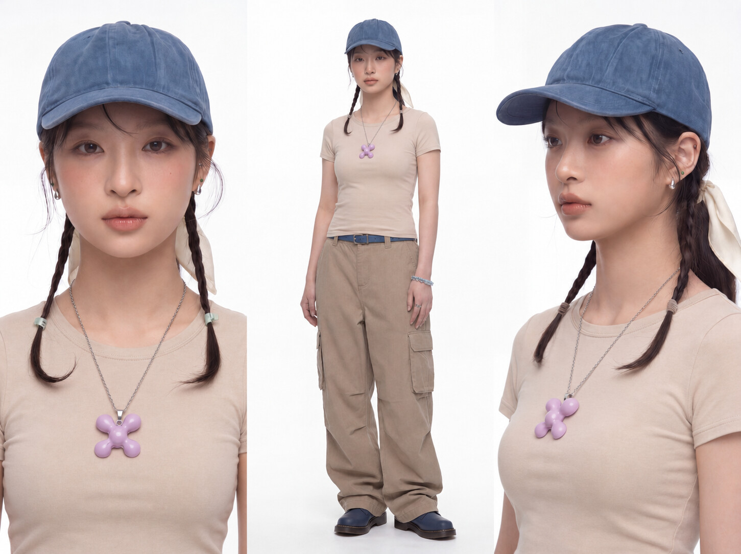 第3组换装素材中的蓝帽女孩改衣参考资产，衣服已改为带短袖的米色上衣。