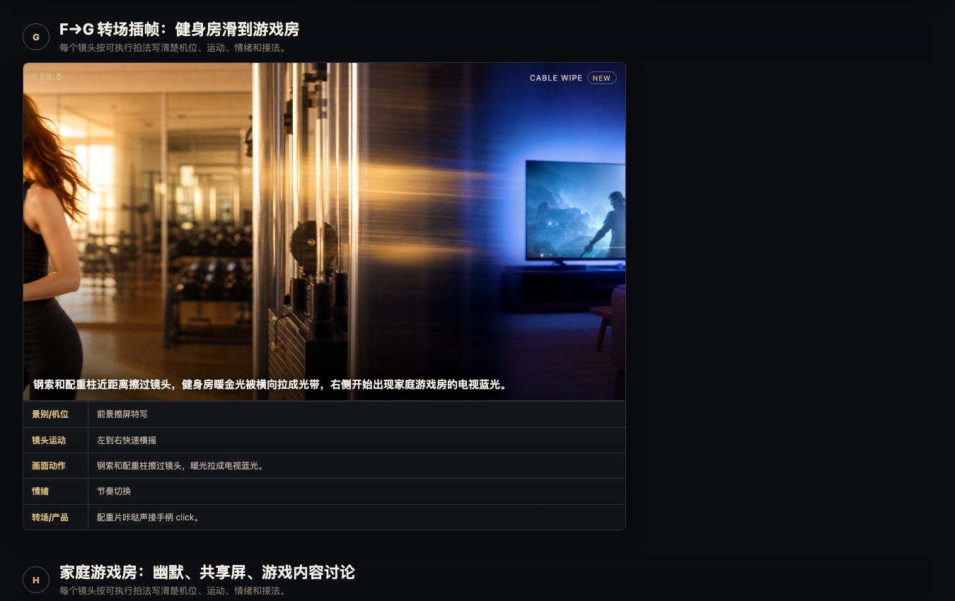 分镜头脚本 V8，列出镜头运动、机位、画面动作、情绪和衔接。