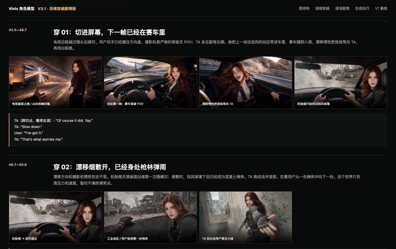 连续穿越剧情工作稿，逐段讨论人物、运动与环境之间的连接。