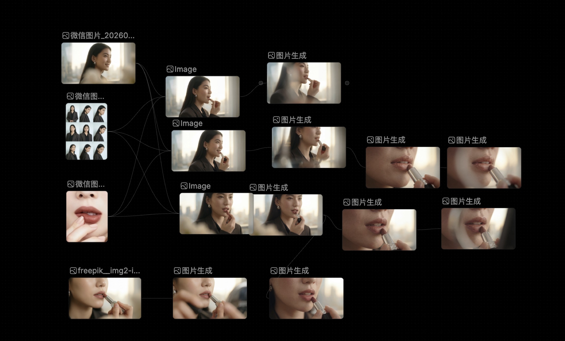 人物九宫格与嘴唇参考连接到涂口红的不同景别、表情和局部动作。