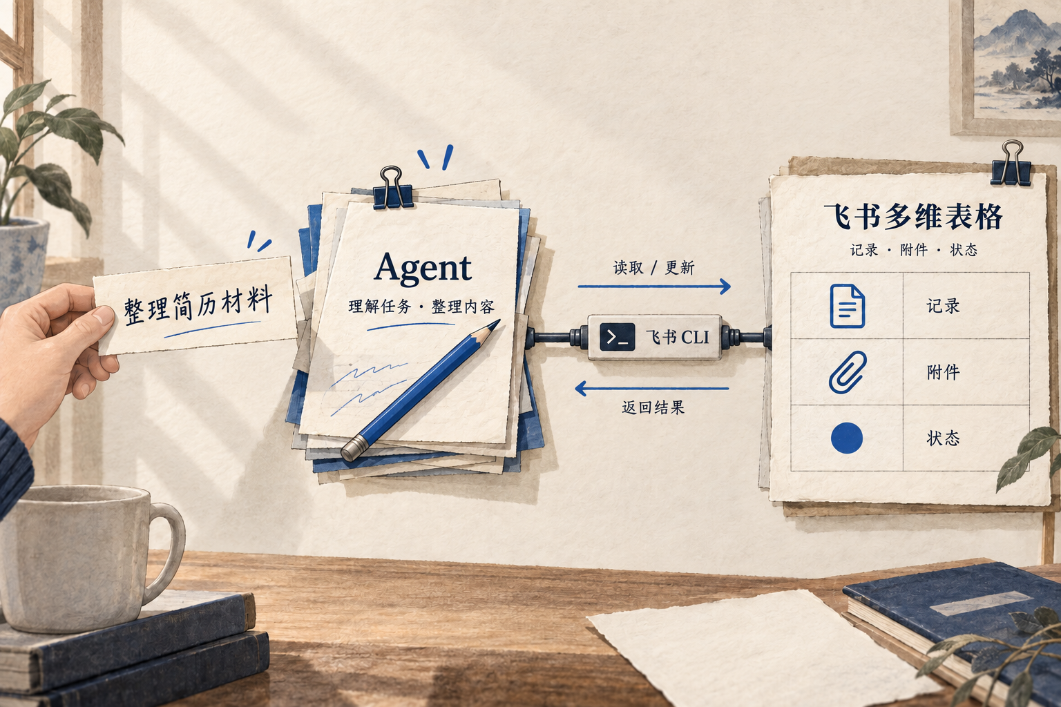 人提出任务，Agent 理解并整理，飞书 CLI 读取或更新多维表格，再返回结果