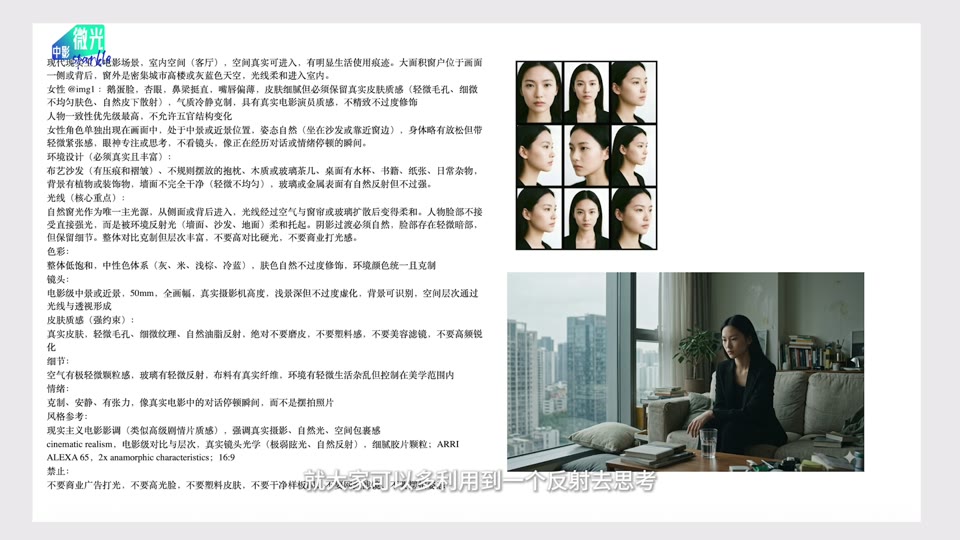 课程第一期约 15:00 的画面：提示词、人物参考与场景放在同一页，讨论怎样把真实感落到具体描述。